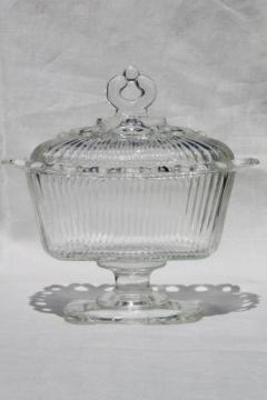 catalog photo of vintage Indiana glass wedding box candy dish, open lace edge pattern glass