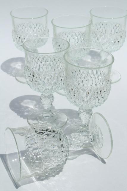 photo of vintage Indiana glass wine or water glasses, crystal clear diamond point goblets #1