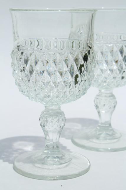 photo of vintage Indiana glass wine or water glasses, crystal clear diamond point goblets #2