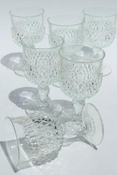 catalog photo of vintage Indiana glass wine or water glasses, crystal clear diamond point goblets