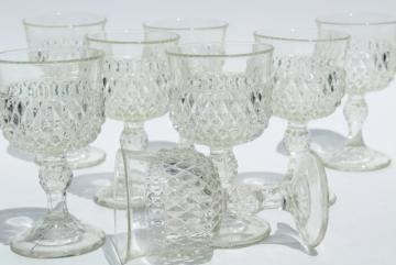 catalog photo of vintage Indiana glass wine or water glasses, crystal clear diamond point goblets