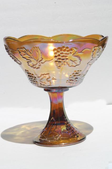 photo of vintage Indiana golden harvest grapes pattern carnival glass compote bowl #1