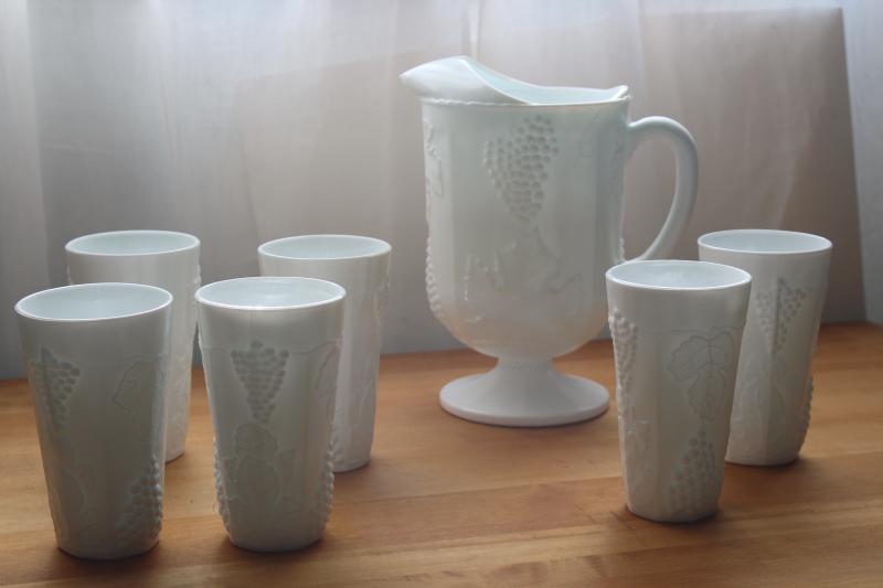 photo of vintage Indiana grapes milk glass pitcher and tumblers, lemonade set w/ six glasses #1