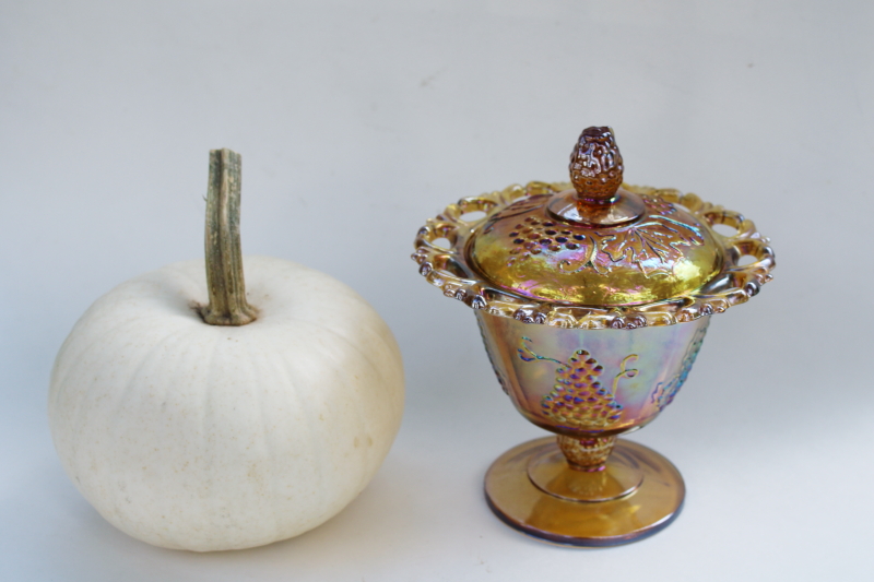 photo of vintage Indiana harvest grapes marigold carnival glass, lace edge candy dish  #1