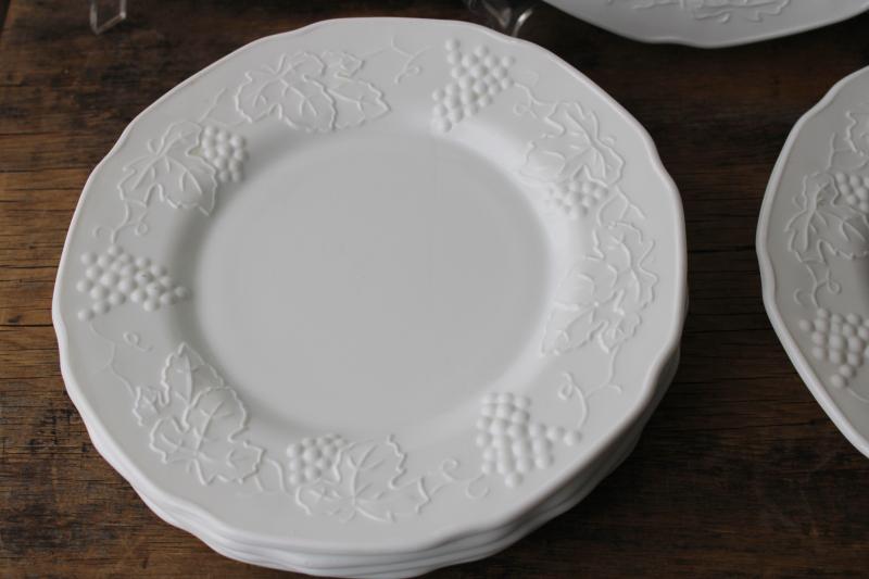 photo of vintage Indiana harvest grapes milk glass, embossed grape border salad / dessert plates #2