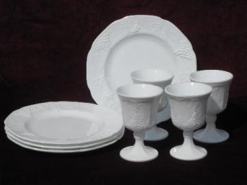 catalog photo of vintage Indiana harvest grapes milk glass plates and goblet water glasses