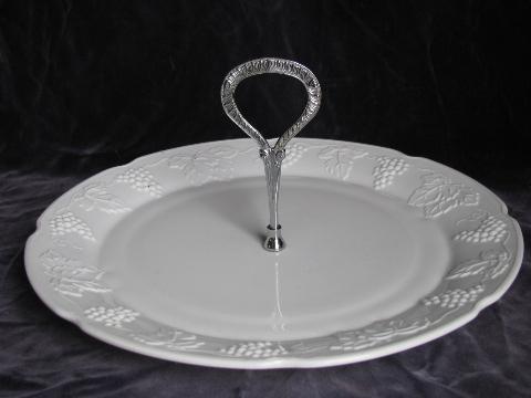 photo of vintage Indiana milk glass harvest grapes pattern, large cake or sandwich plate w/ center handle #1