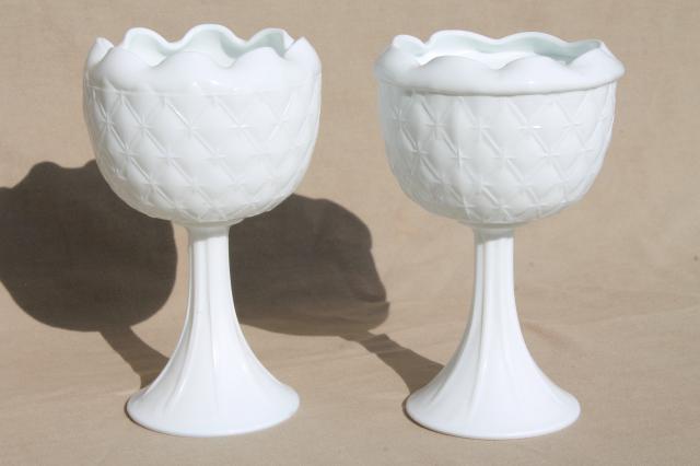 photo of vintage Indiana quilt milk glass, quilted diamond duette compotes & bowl vases #2