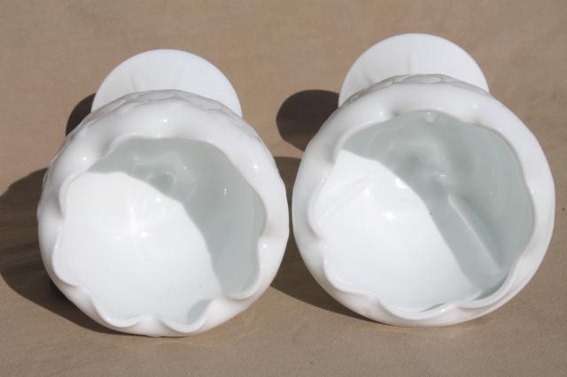 photo of vintage Indiana quilt milk glass, quilted diamond duette compotes & bowl vases #3