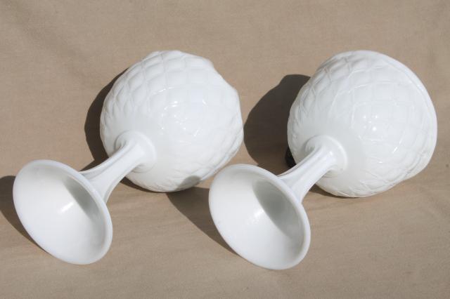 photo of vintage Indiana quilt milk glass, quilted diamond duette compotes & bowl vases #4