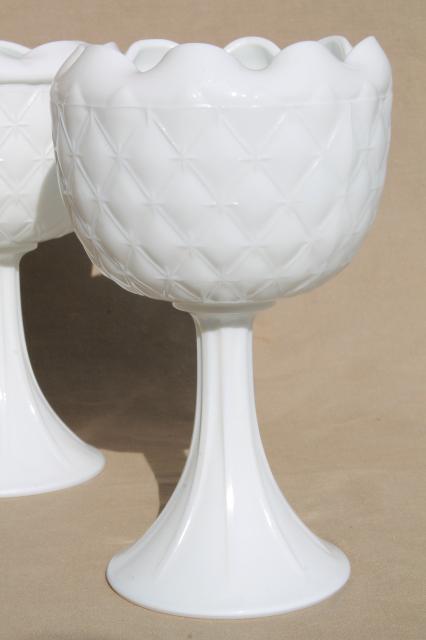 photo of vintage Indiana quilt milk glass, quilted diamond duette compotes & bowl vases #5