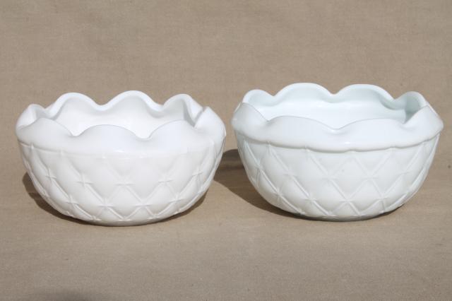 photo of vintage Indiana quilt milk glass, quilted diamond duette compotes & bowl vases #6