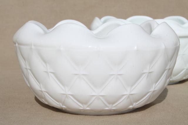 photo of vintage Indiana quilt milk glass, quilted diamond duette compotes & bowl vases #7