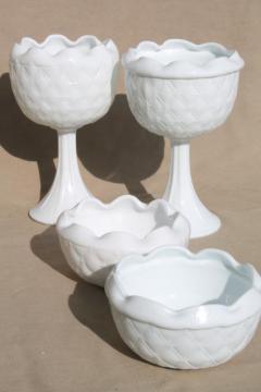 catalog photo of vintage Indiana quilt milk glass, quilted diamond duette compotes & bowl vases