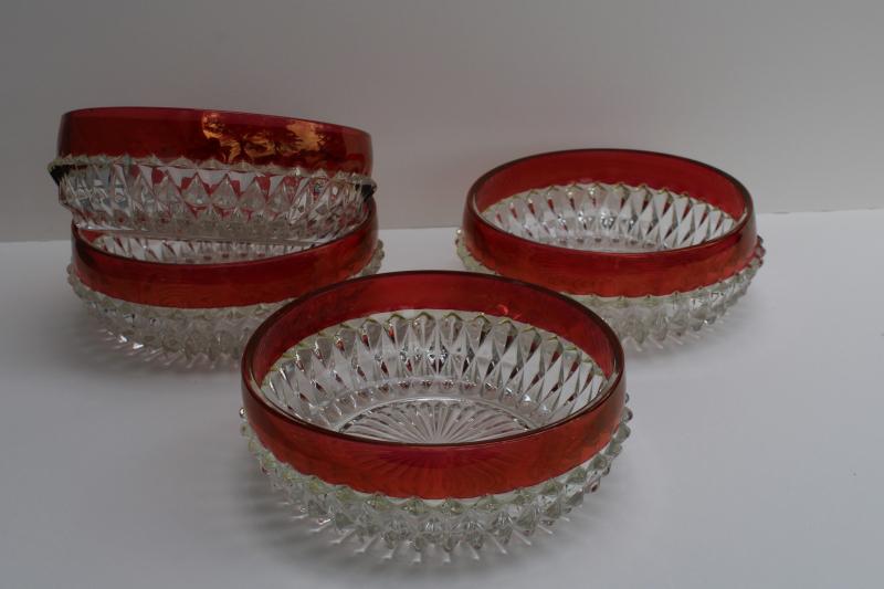 photo of vintage Indiana ruby band diamond point glass bowls, flashed stained ruby color #2
