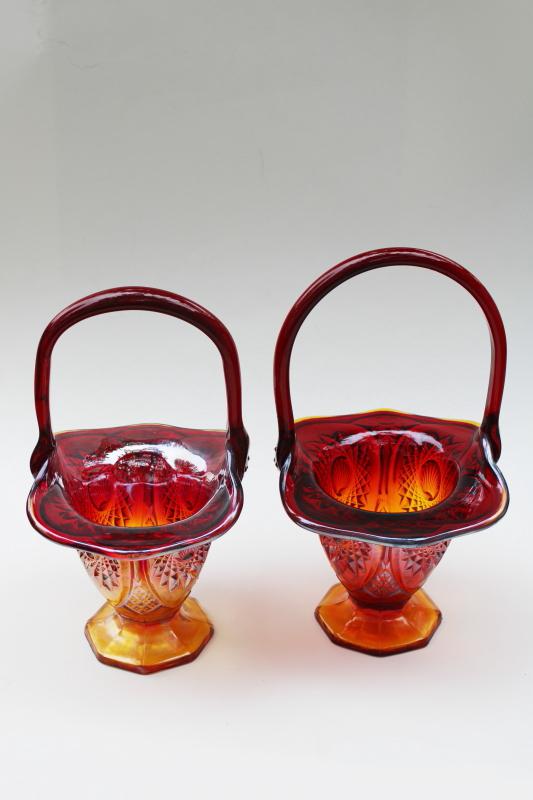 photo of vintage Indiana sunset amberina carnival glass baskets, pair flower basket vases #4