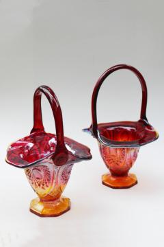 catalog photo of vintage Indiana sunset amberina carnival glass baskets, pair flower basket vases