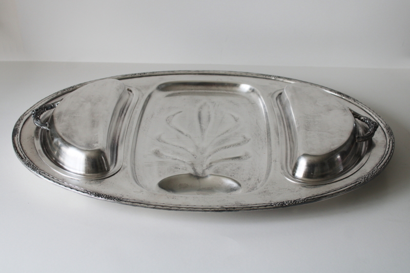 photo of vintage International Silver Camille huge three part serving tray, meat platter w/ two covered side dishes  #1