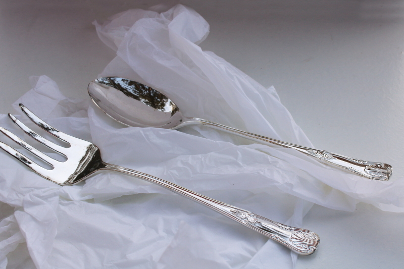 photo of vintage International Silver plated serving pieces set, Kings pattern ornate Victorian style #2