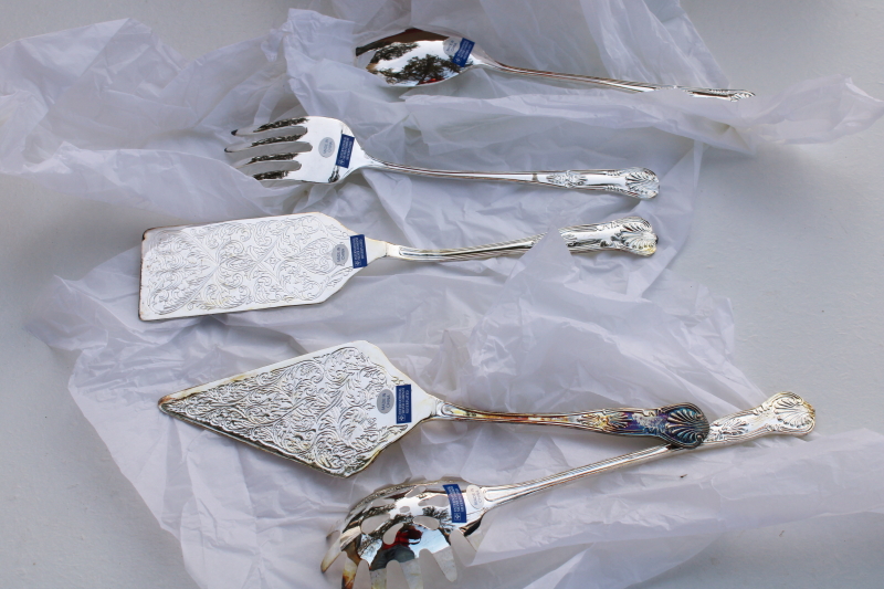 photo of vintage International Silver plated serving pieces set, Kings pattern ornate Victorian style #4