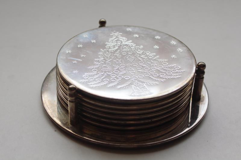 photo of vintage International Silver silverplate coasters set w/ etched Christmas tree #1