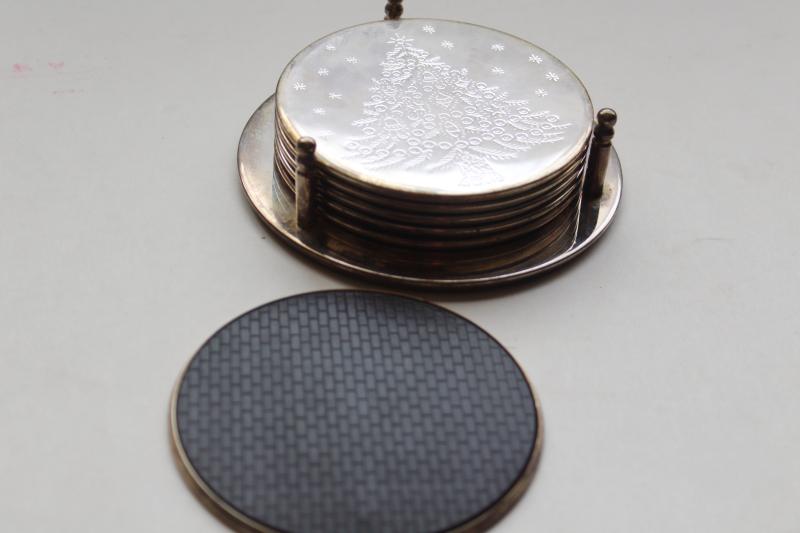 photo of vintage International Silver silverplate coasters set w/ etched Christmas tree #3