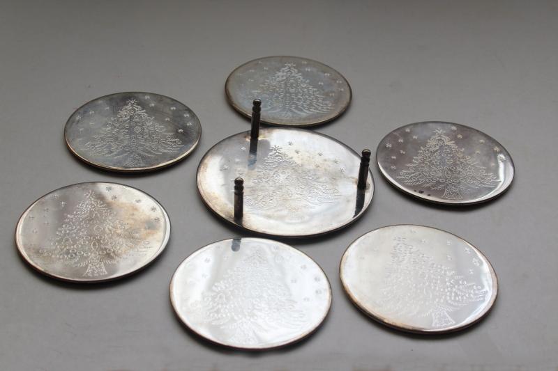 photo of vintage International Silver silverplate coasters set w/ etched Christmas tree #4