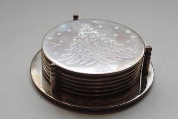 catalog photo of vintage International Silver silverplate coasters set w/ etched Christmas tree