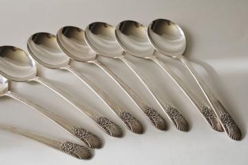 catalog photo of vintage International silver plate Silver Mist Marigold round bowl cream soup spoons