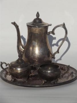 catalog photo of vintage International silver plate tea or coffee set w/ pot, tray etc.