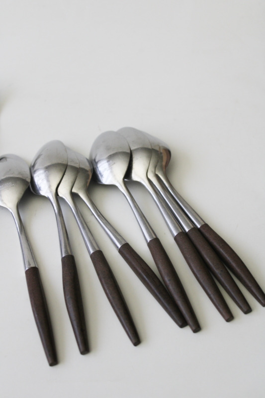 photo of vintage Interpur INR2 pattern stainless flatware w/ brown melamine handles estate set #7