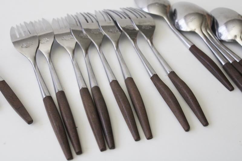 photo of vintage Interpur INR2 pattern stainless flatware w/ brown melamine handles estate set #8