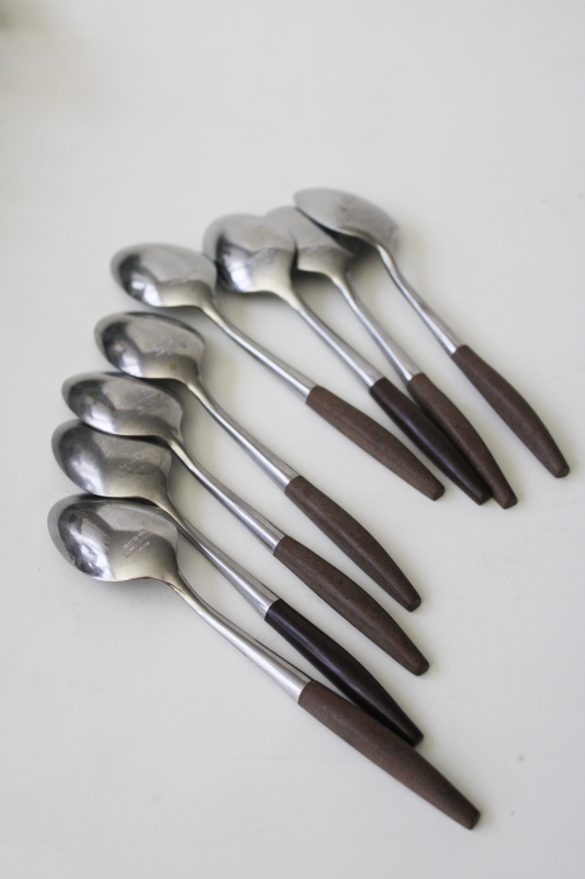 photo of vintage Interpur INR2 pattern stainless flatware w/ brown melamine handles estate set #9