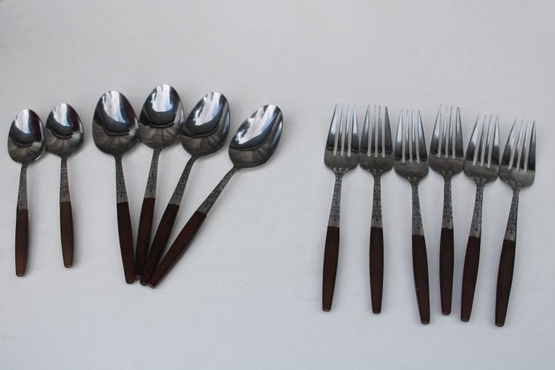 photo of vintage Interpur Japan stainless flatware canoe muffin style brown melamine handles #1