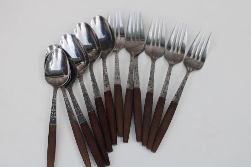 photo of vintage Interpur Japan stainless flatware canoe muffin style brown melamine handles #7