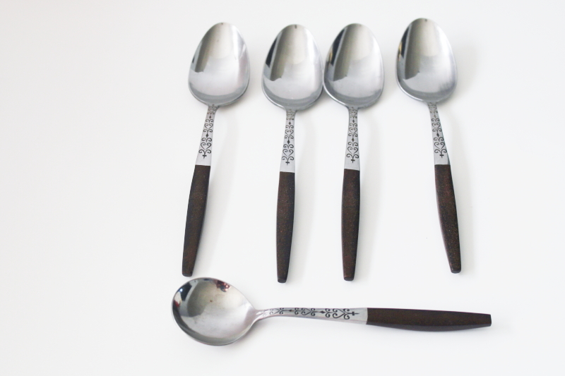 photo of vintage Interpur stainless flatware soup spoons rosewood brown melamine handles Canoe Muffin style #1