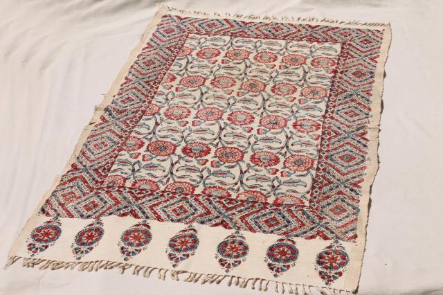 photo of vintage Iran hand woven cotton or linen table cover cloth w/ Persian block print #1