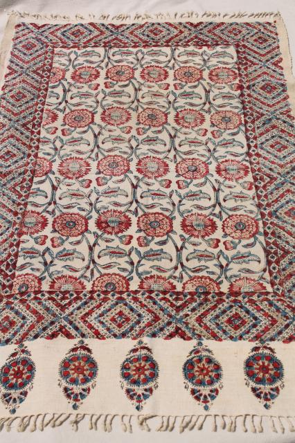 photo of vintage Iran hand woven cotton or linen table cover cloth w/ Persian block print #2