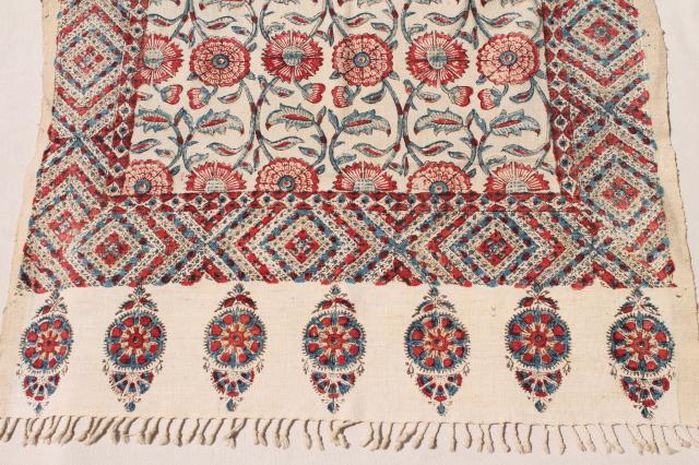 photo of vintage Iran hand woven cotton or linen table cover cloth w/ Persian block print #4