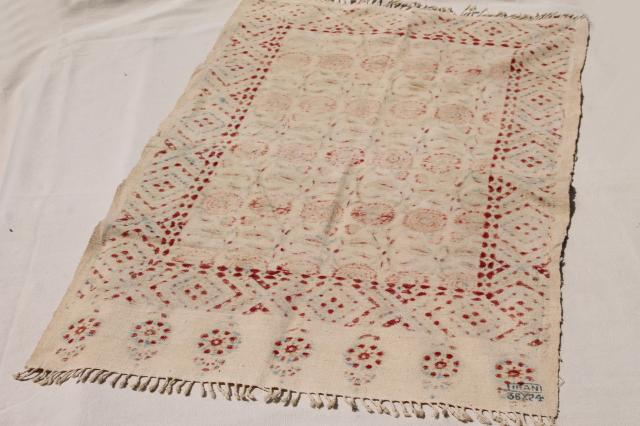 photo of vintage Iran hand woven cotton or linen table cover cloth w/ Persian block print #7