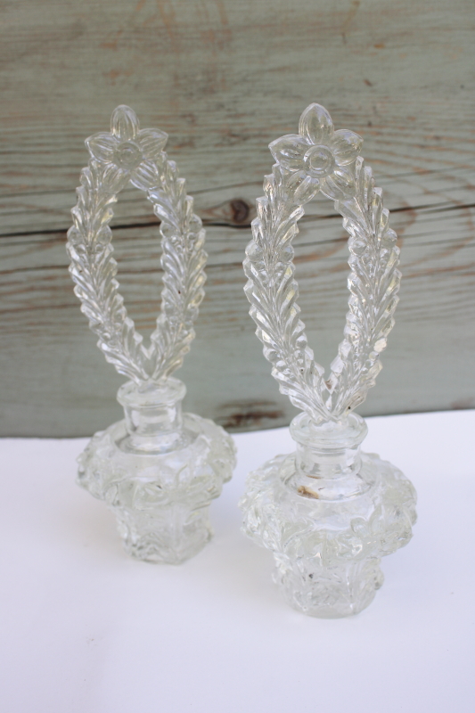 photo of vintage Irice pressed glass perfume bottles w/ tall fancy stoppers, vanity bottle pair #1