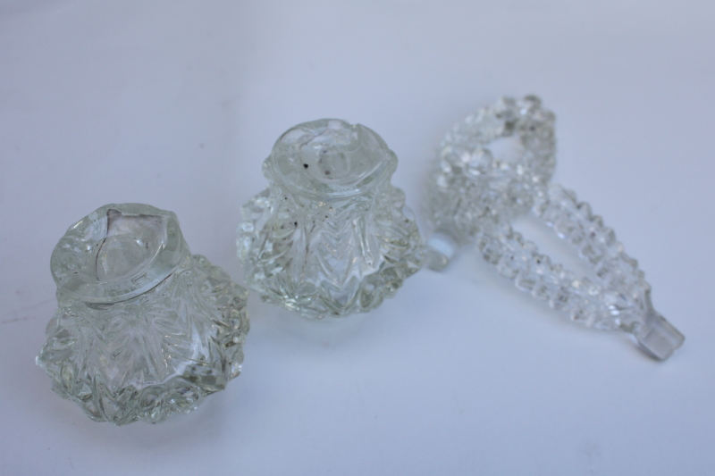 photo of vintage Irice pressed glass perfume bottles w/ tall fancy stoppers, vanity bottle pair #3