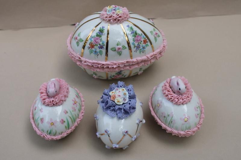 photo of vintage Irish dresden china lace trimmed Easter eggs & egg shaped trinket box #2
