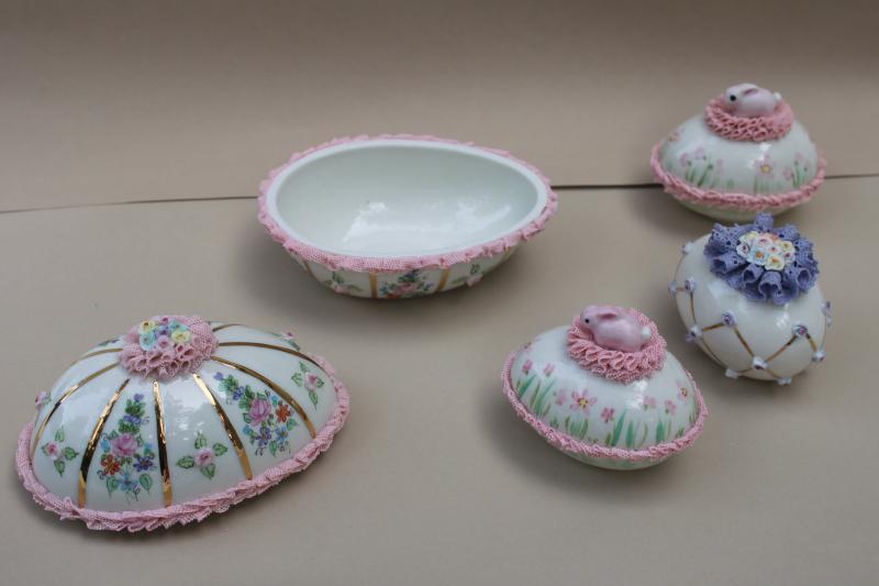 photo of vintage Irish dresden china lace trimmed Easter eggs & egg shaped trinket box #3