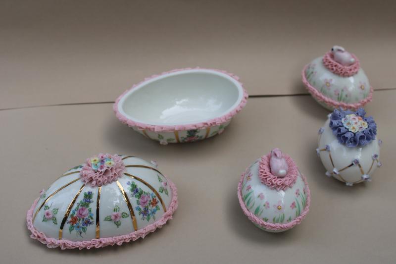 photo of vintage Irish dresden china lace trimmed Easter eggs & egg shaped trinket box #4