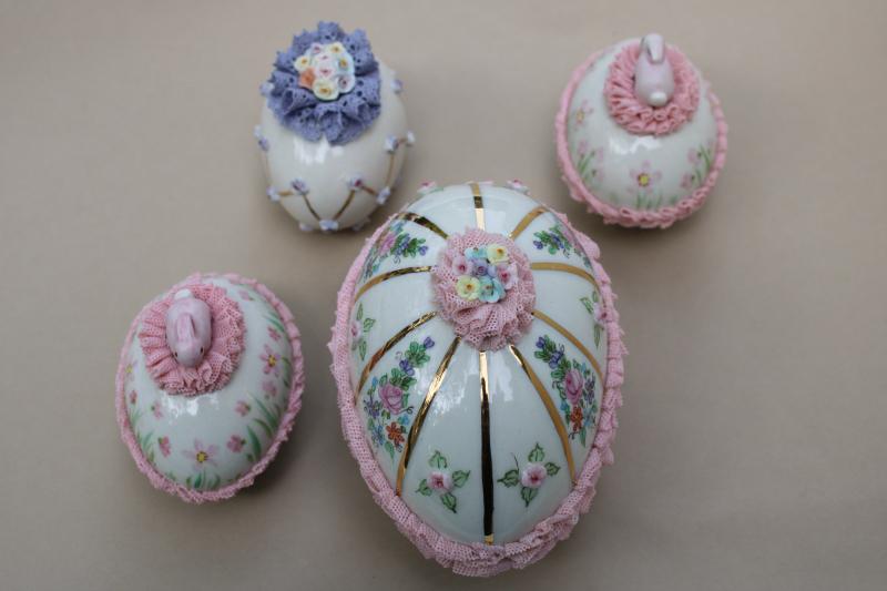 photo of vintage Irish dresden china lace trimmed Easter eggs & egg shaped trinket box #7