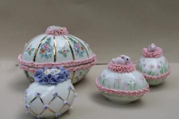 catalog photo of vintage Irish dresden china lace trimmed Easter eggs & egg shaped trinket box