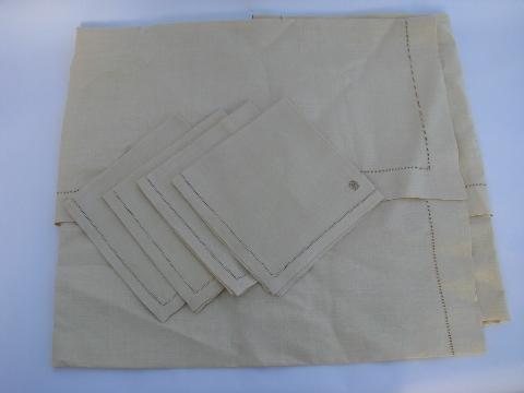 photo of vintage Irish label cream linen table linens w/ drawn thread work, tablecloth and napkins #1