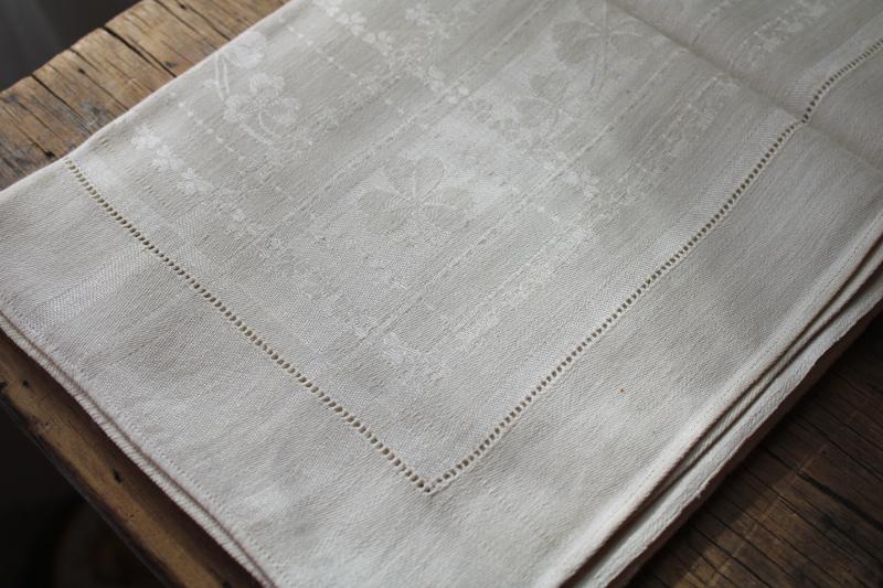 photo of vintage Irish linen damask cloth w/ shamrock clovers woven pattern, small table cover #2