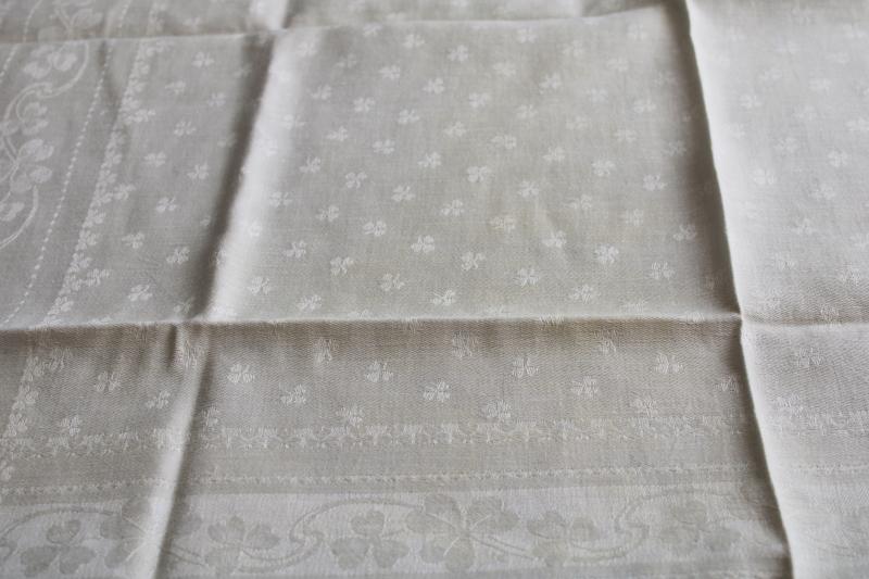 photo of vintage Irish linen damask cloth w/ shamrock clovers woven pattern, small table cover #4